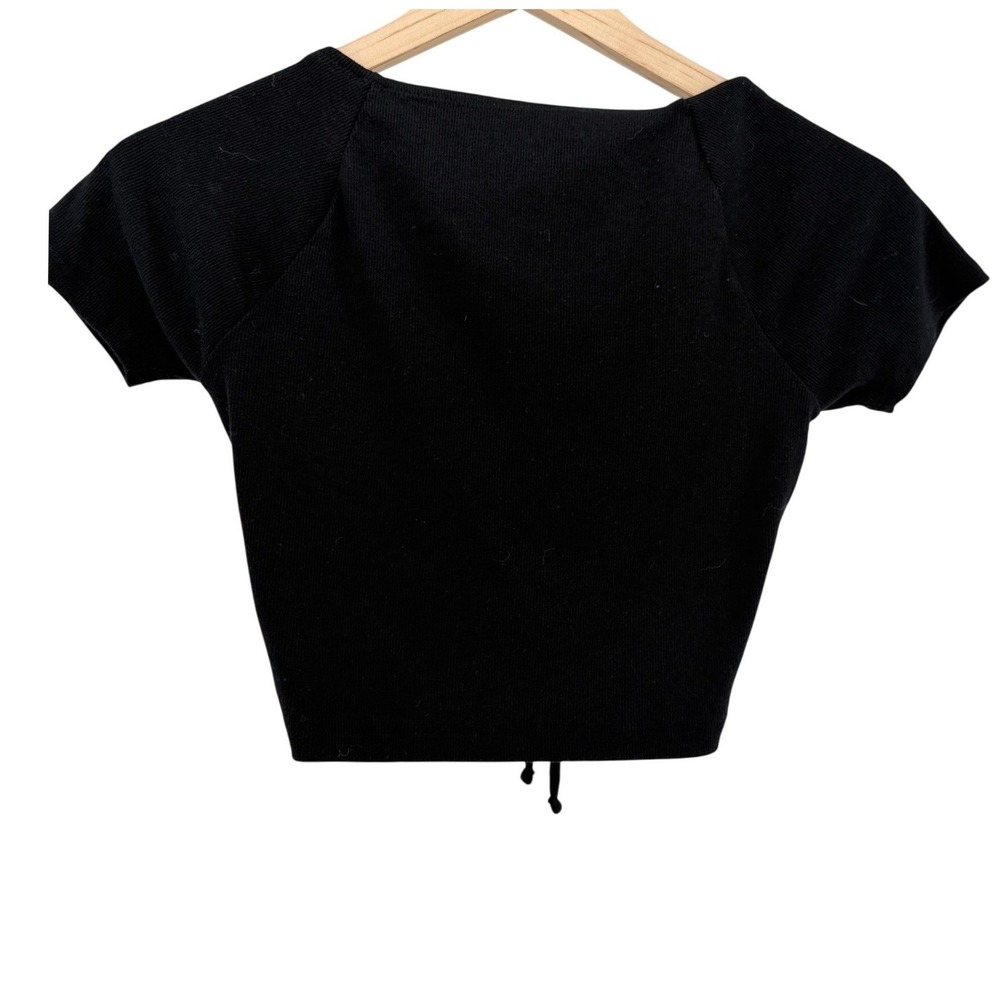 Aeropostale Y2K Black Ribbed Tie Front Crop Top Short Sleeve Sweetheart Neck S - Picture 5 of 8